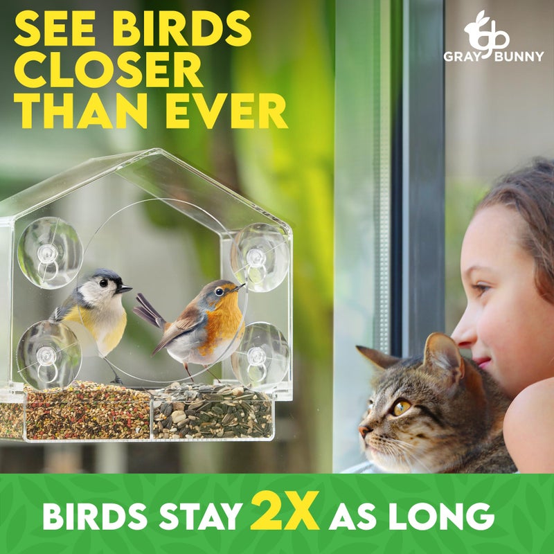 Gray Bunny Window Bird Feeder with Strong Suction Cups - Gifts for Grandma Bird Watching Gifts for Grandpa Backyard Birding (Large House) - Image 4